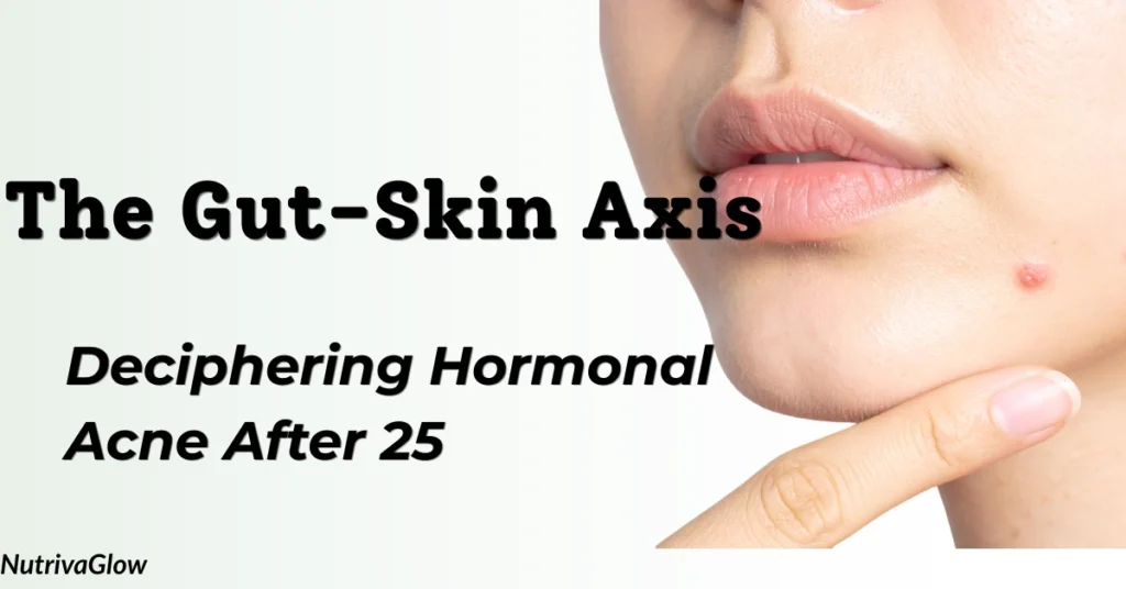 Adult woman with hormonal acne on jawline looking contemplative, NutrivaGlow skin science.
