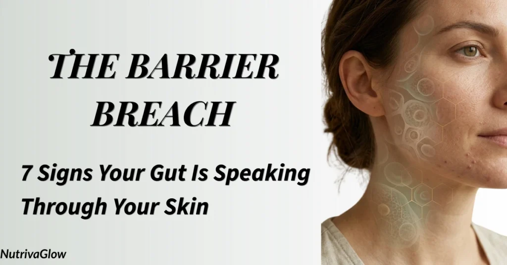 Scientific illustration of the gut-skin axis showing skin inflammation linked to intestinal permeability, NutrivaGlow branding.